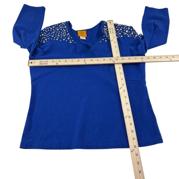 Ruby Rd. Petite Blue Top With Studded Shoulders sz PM Knit - Picture 2 of 5